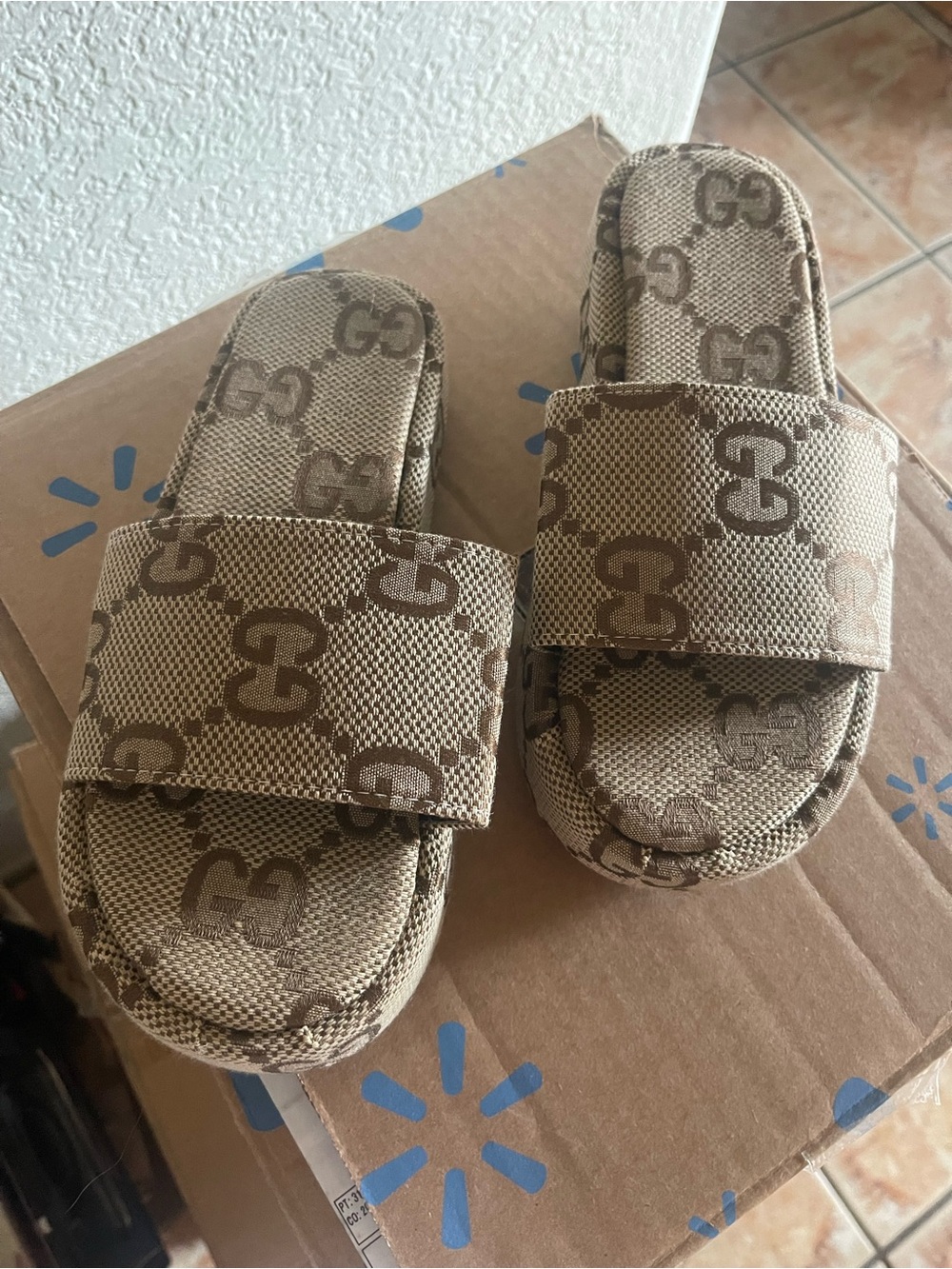 Kids Brown Monogram Slide Sandals